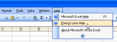 Access the Energy Lens help-files through Excel 2003 or below