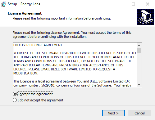 The first screen of the Energy Lens setup wizard