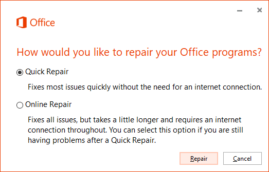 Repair Office in Windows 10 and 8